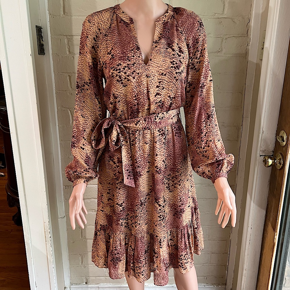 Massimo Dutti size 2 boho snakeskin print long sleeve dress tan burgundy dress